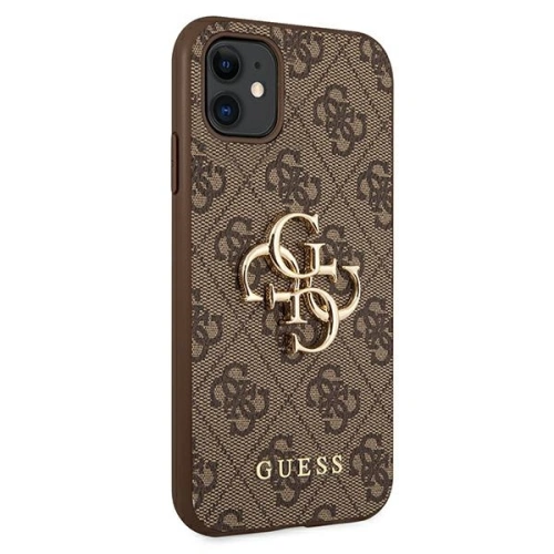 Brązowe etui Guess z dużym metalowym logo, stylowy dodatek dla kobiet.