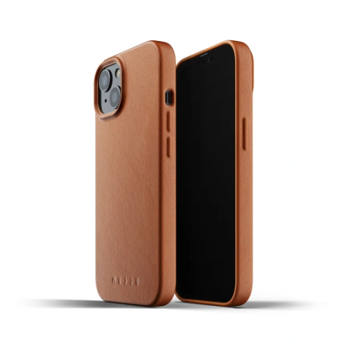 Η θήκη Mujjo Full Leather Case σε κομψό καφέ χρώμα, ιδανική για το Apple iPhone 13 mini, κατασκευασμένη από φυσικό δέρμα.