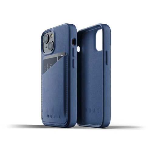 Η θήκη Mujjo Full Leather Wallet Case σε μπλε χρώμα, ιδανική για το Apple iPhone 13 mini.