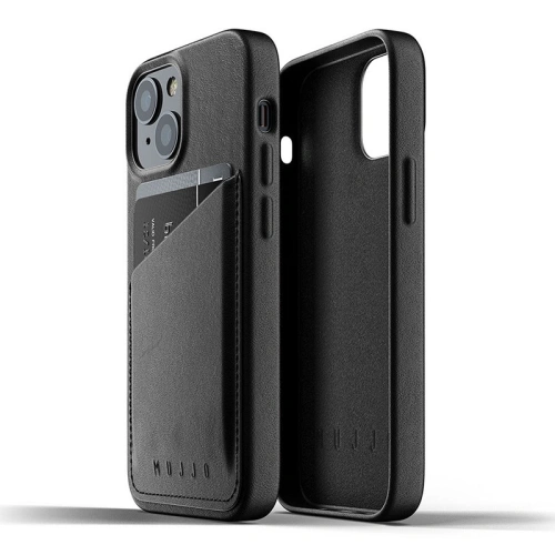 Θήκη Mujjo Full Leather Wallet Case σε μαύρο χρώμα, ιδανικά προσαρμοσμένη στο Apple iPhone 13 mini.