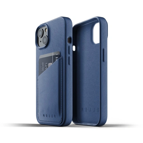 Etui Mujjo Full Leather Wallet Case w niebieskim kolorze, idealne dla Apple iPhone 13.