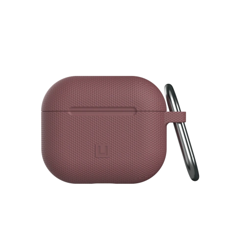 Etui UAG Urban Armor Gear Dot w kolorze aubergine, idealnie dopasowane do Apple AirPods 3, wykonane z hybrydowego materiału.