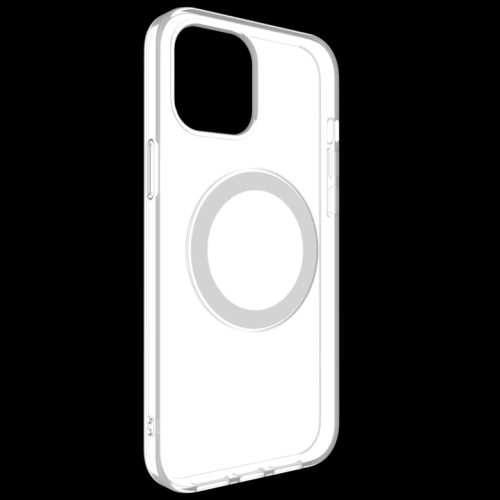 Srebrne etui SwitchEasy MagClear z funkcją MagSafe, podkreślające elegancję telefonu.