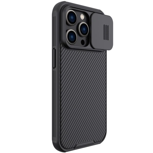 Etui Nillkin Camshield Pro zamontowane na telefonie Apple iPhone 14 Plus w czarnym kolorze.