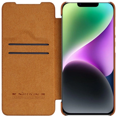 Nillkin Qin Leather Pro case in brown color, perfect for Apple iPhone 14 Plus and 15 Plus.
