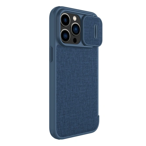 Blue Nillkin Qin Cloth Pro case for Apple iPhone 14 Pro Max in natural light
