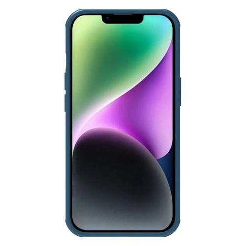 Close-up of the blue Nillkin case with visible cutouts for ports
