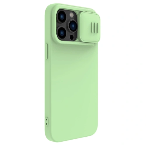 Nillkin CamShield Silky Silicone case against a natural background, highlighting its green color