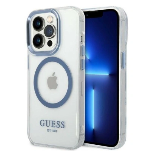 Etui Guess GUHMP14LHTRMB w niebieskim kolorze, idealnie dopasowane do iPhone 14 Pro.