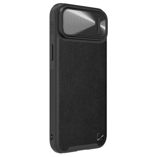 Nillkin Camshield Leather S case mounted on iPhone 14 Plus, showcasing its stylish appearance.