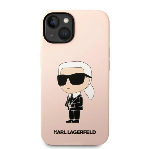 Etui Karl Lagerfeld na iPhone 14, prezentujące elegancki design i kolor różowy.