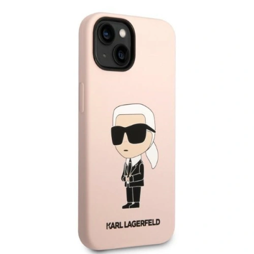Widok etui Karl Lagerfeld w różowym kolorze, z wycięciami na porty.