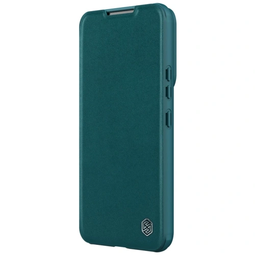 Husa verde Nillkin Qin Leather Pro de aproape, arătând detalii ale pielii
