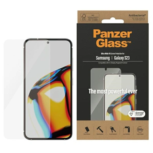 Szkło hartowane PanzerGlass Ultra-Wide Fit dla Samsung Galaxy S23 z bliska, pokazujące precyzyjne wycięcia.