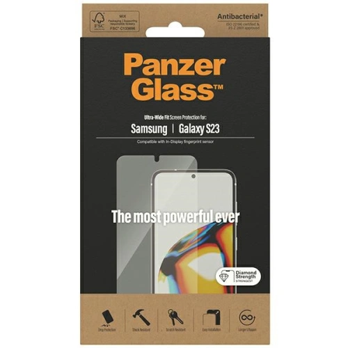 Opakowanie szkła hartowanego PanzerGlass Ultra-Wide Fit, prezentujące jego funkcje ochronne.