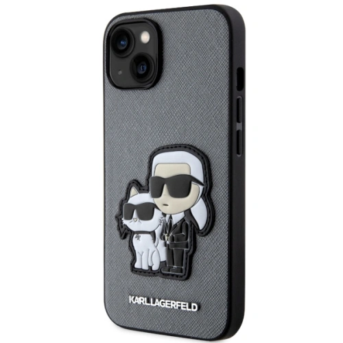 Detale etui Karl Lagerfeld - logo Karl & Choupette na powierzchni.