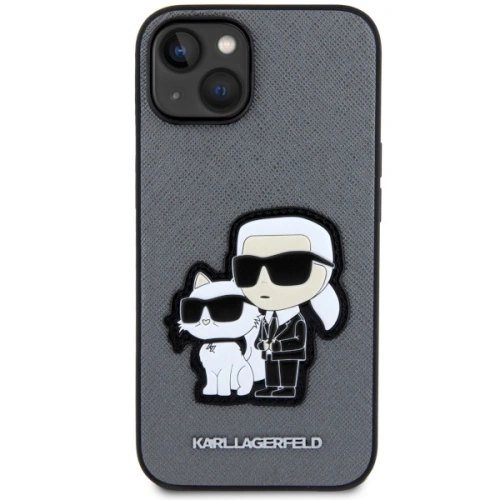 Srebrne etui Karl Lagerfeld na telefonie Apple iPhone 14, idealnie dopasowane.