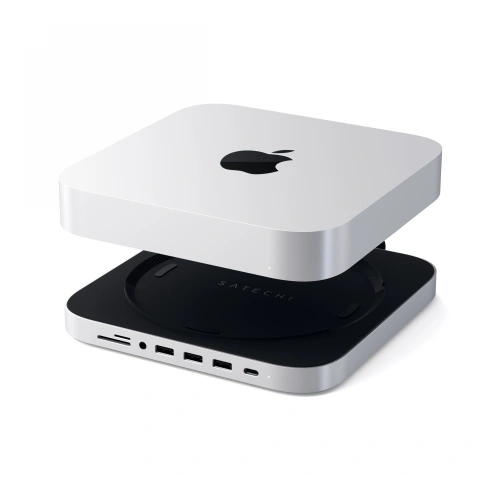 Podstawka Satechi Aluminum Hub do Mac mini w kolorze srebrnym z portami USB-C i USB-A.