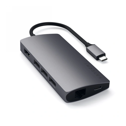 Satechi Aluminium Adapter V2 in space gray with USB-C and HDMI ports.