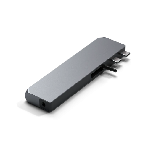 Adapter HUB Satechi Pro Hub Max în culoarea gri spațial, cu porturi USB-C și HDMI.