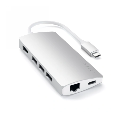 Satechi Aluminium V2 HUB Adapter in silver with USB-C and HDMI ports.