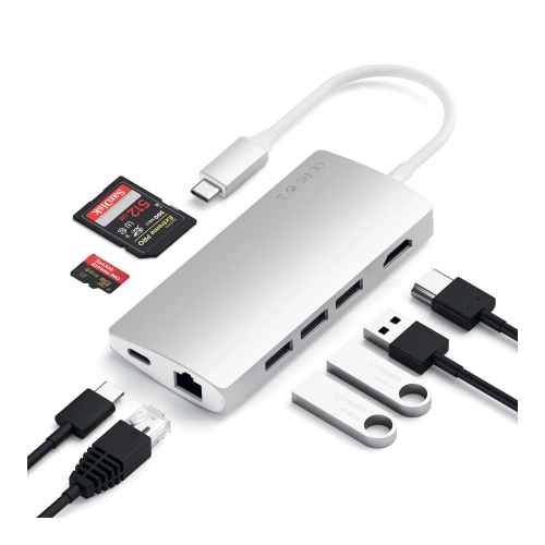 Close-up of the Satechi HUB adapter with three USB-A ports and a card reader.