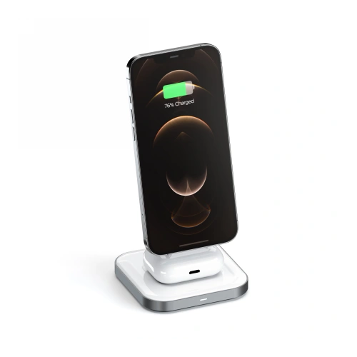 Close-up view of the Satechi MagSafe charger, showcasing its elegant design and magnetic attachment.