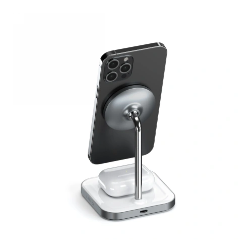 Packaging of the MagSafe Satechi 2in1 wireless charger in space gray, ready for use.