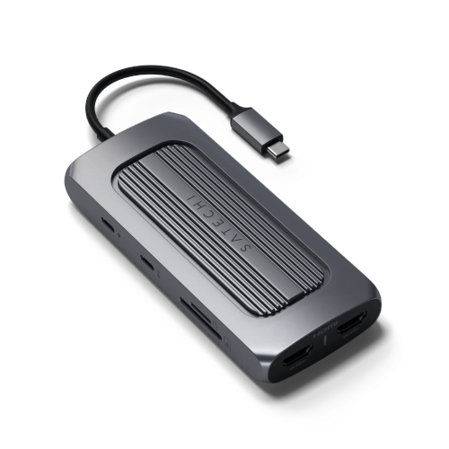 Adapter HUB Satechi Multiport USB-C w kolorze space gray, z widocznymi portami USB-C i HDMI.