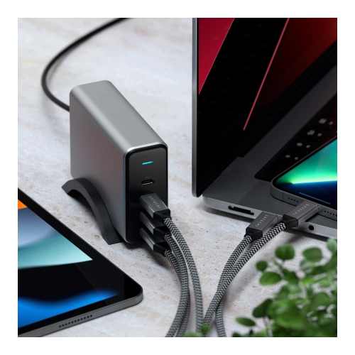 Close-up view of the Satechi charger, showcasing its modern design and compact dimensions.