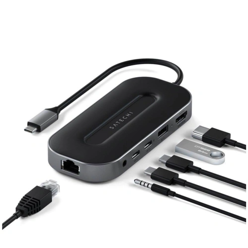 Satechi Multiport Adapter with an HDMI cable connected, perfect for working with a laptop.