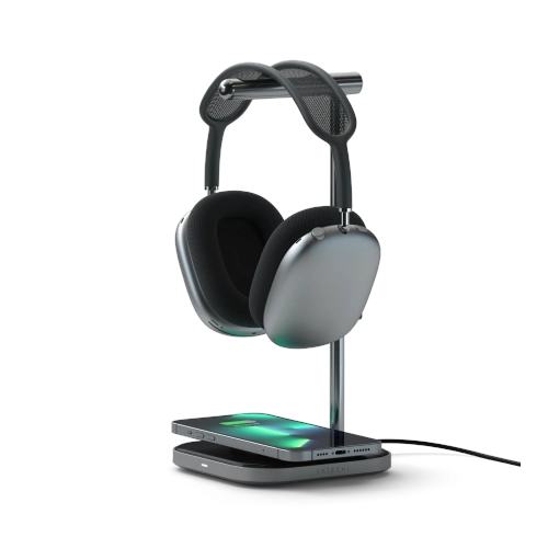 Satechi headphone stand in space gray, with wireless charging function for Apple AirPods Max.