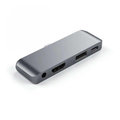 Satechi Aluminium Mobile Pro Hub USB-C in space gray with USB-A and HDMI ports.