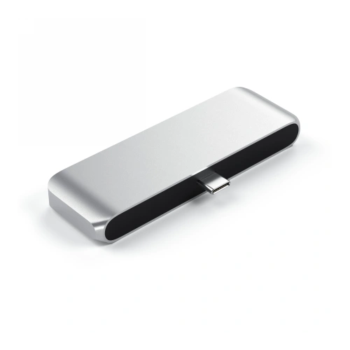 Top view of the Satechi hub with a jack port and USB-C connector.