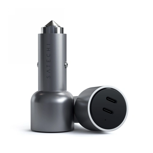 Încărcător auto Satechi Dual 40W în culoarea neagră, cu două porturi USB-C PD.
