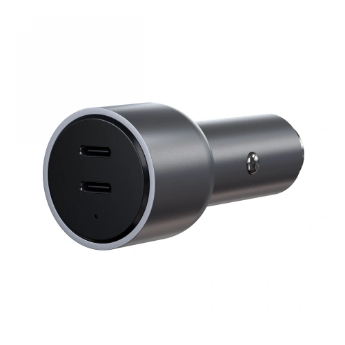Prim-plan al încărcătorului Satechi Dual, arătând puterea de 40W și designul elegant.