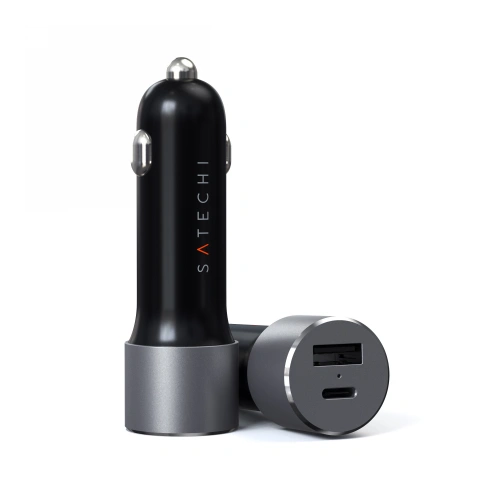 Încărcător auto Satechi 72W în culoarea gri spațial, cu porturi USB-C și USB-A.