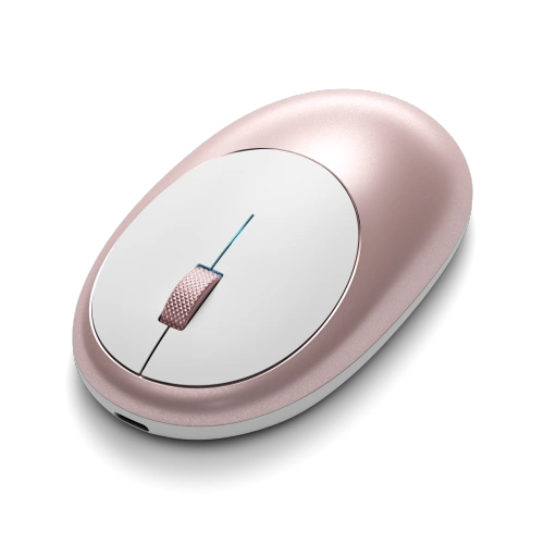 Close-up of the Satechi M1 mouse, showing its elegant design and pink color.