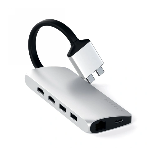 Satechi Dual Multimedia Type-C adapter for MacBook with USB-C and HDMI ports, ideal for work and multimedia.