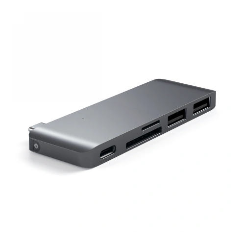 Satechi Type-C hub with USB-A ports and micro/SD card reader in space gray.