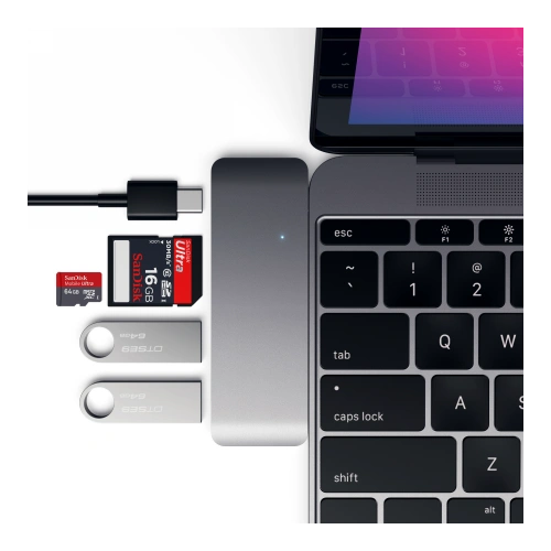 Product view - Satechi Type-C USB Pass-through hub with elegant space gray design.