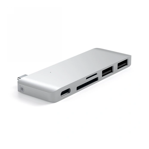 Satechi Type-C USB Pass-through hub in silver, with two USB-A ports and a micro/SD card reader.