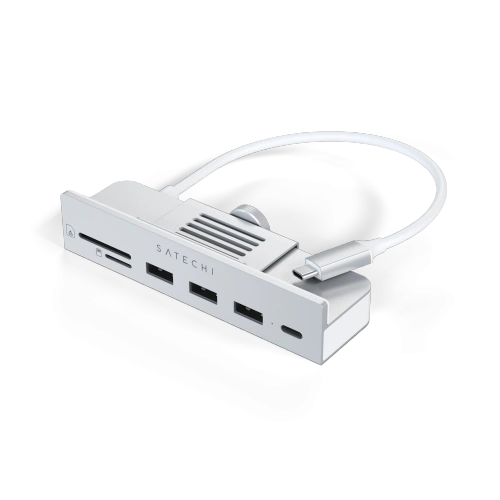 Satechi USB-C Clamp Hub für Apple iMac, zeigt die USB-A Ports und den micro/SD Kartenleser.