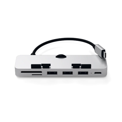 Hub Satechi Aluminum Type-C Clamp Pro pentru iMac, cu vedere asupra porturilor USB-A și cititorului de carduri micro/SD.