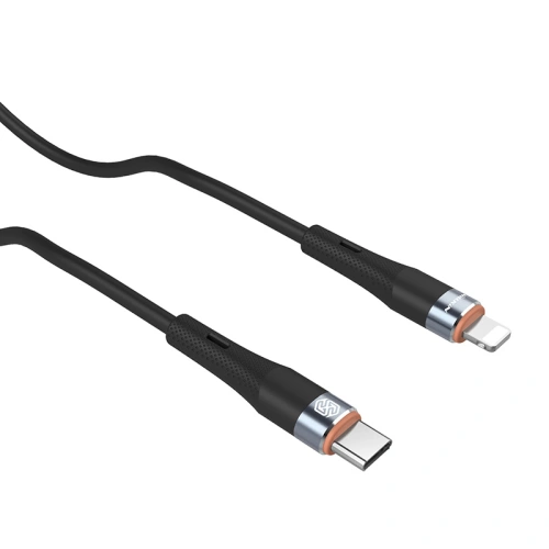 Cablu Nillkin Data Cable Flowspeed de culoare neagră, cu capete USB-C și Lightning.