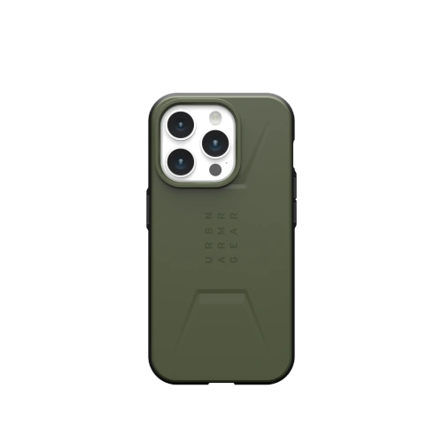 Etui UAG Urban Armor Gear Civilian MagSafe w kolorze oliwkowym, idealnie dopasowane do iPhone 15 Pro.