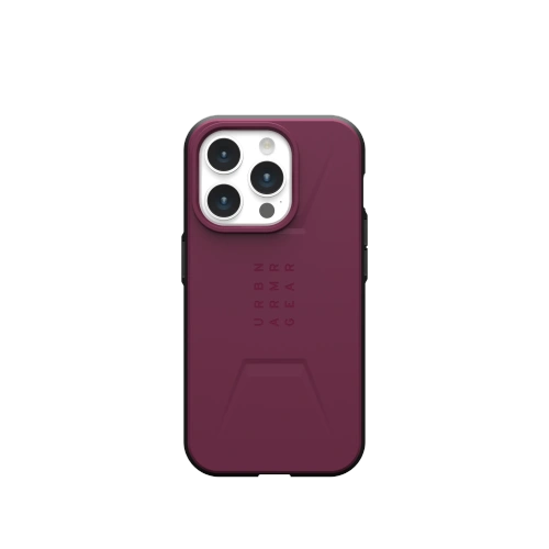 Etui UAG Urban Armor Gear Civilian MagSafe w kolorze bordeaux, idealnie dopasowane do iPhone 15 Pro.