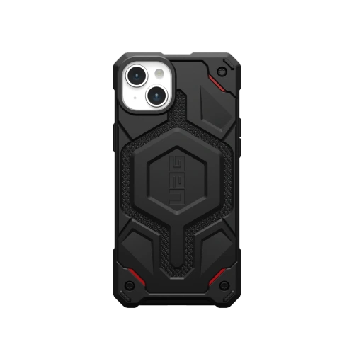 Etui UAG Monarch w kolorze kevlar black, idealnie dopasowane do Apple iPhone 15 Plus.