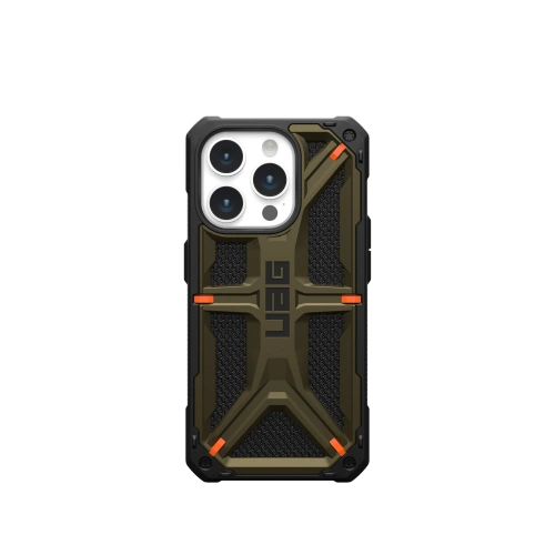 Etui UAG Monarch w kolorze zielonym, idealnie dopasowane do Apple iPhone 15 Pro.