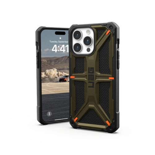 Zbliżenie na detale etui UAG z kevlarowym elementem, podkreślające jego wytrzymałość.